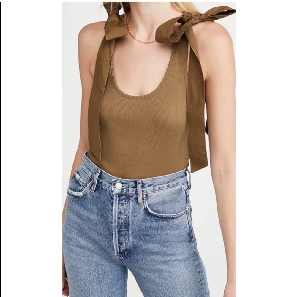 ULLA JOHNSON Bailey Tank olive Green Shoulder Tie Ribbed Top Womens XL - Picture 3 of 7